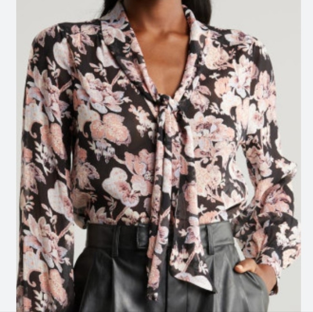 PAIGE,Size S,Silk,Black and Pink Floral Tie Neck Blouse